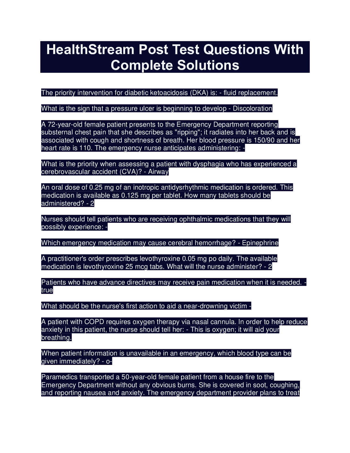 Preview image of HealthStream Post Test Questions With Complete Solutions document